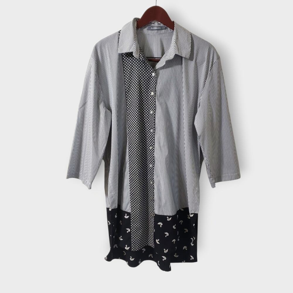 Alembika Mixed Media Button Up Tunic Top‎ Sz 3 (8-10) Lagenlook Artsy Oversized